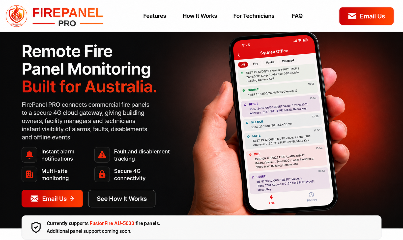 FirePanel PRO remote fire panel monitoring hero showing Sydney Office app events on a phone